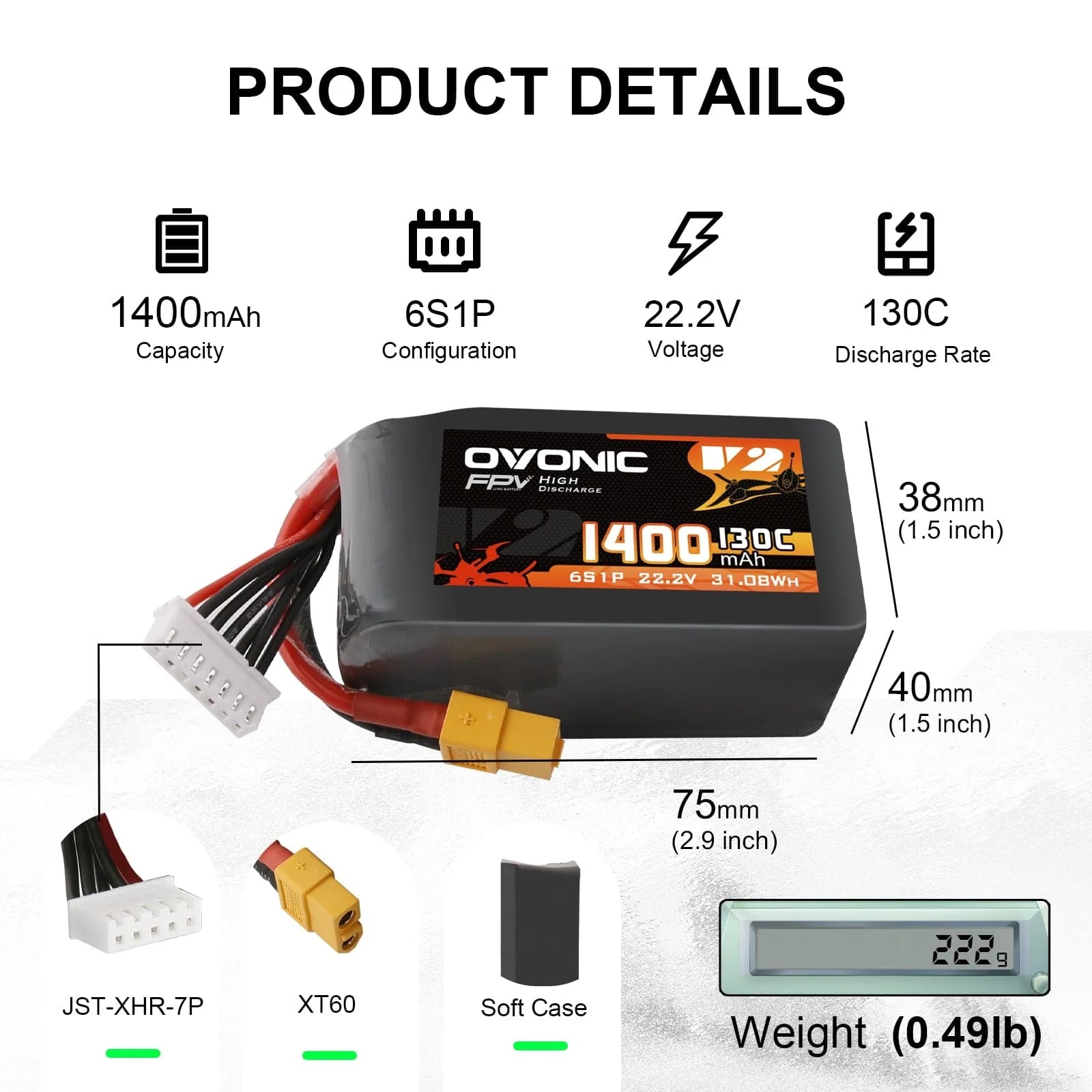 Drone Battery Bag - Ovonic 6S 1400mAh 130C LiPo-batterijpakket XT60